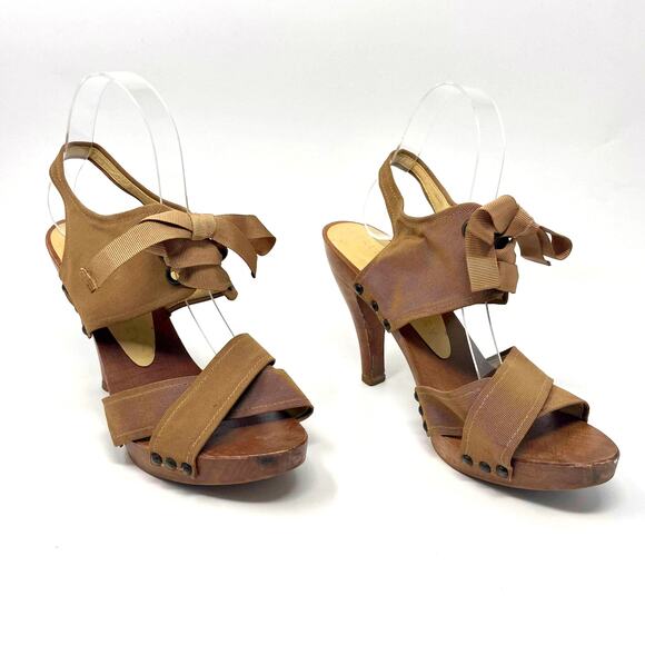 STELLA MCCARTNEY Brown Grosgrain Lace Up Sling Back Heels - Picture 1 of 12